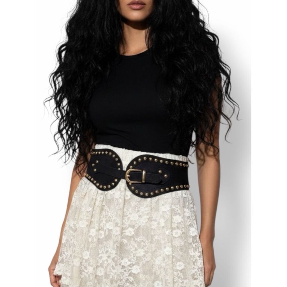 Black Gold Studded Wide Corset Belt Gothic Punk OS NWT